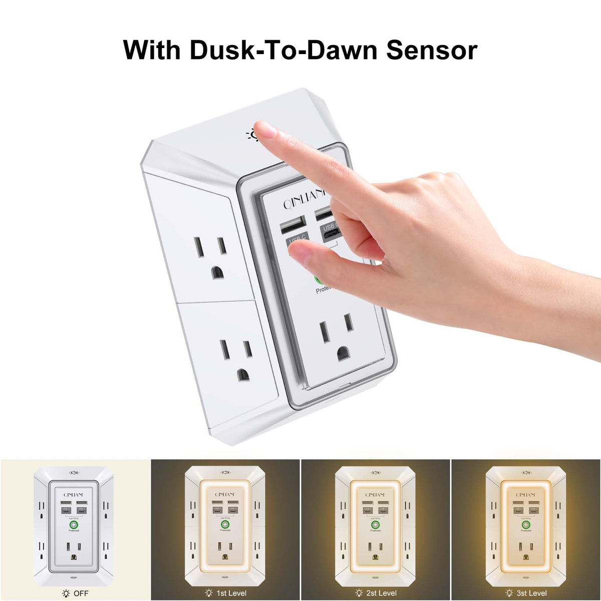 QINLIANF USB ports and printed label detail showing port types and safety ratings