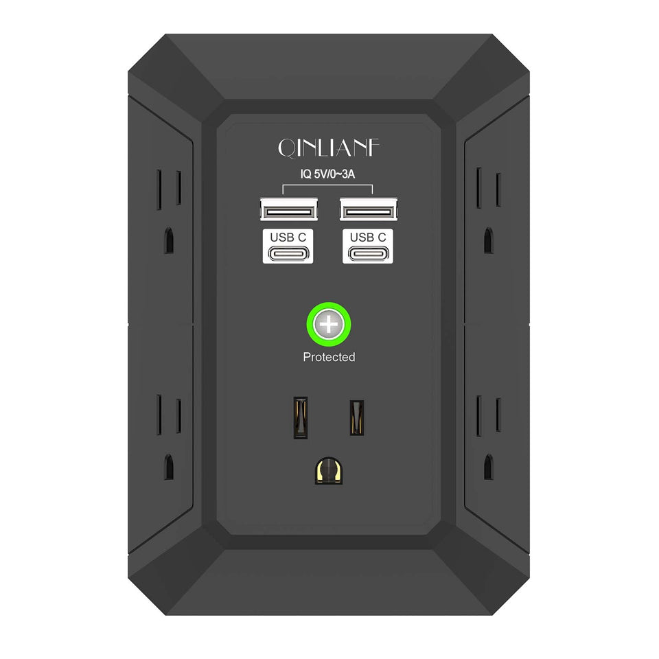 QINLIANF USB wall charger in a three-sided layout offering five outlets for organized home use