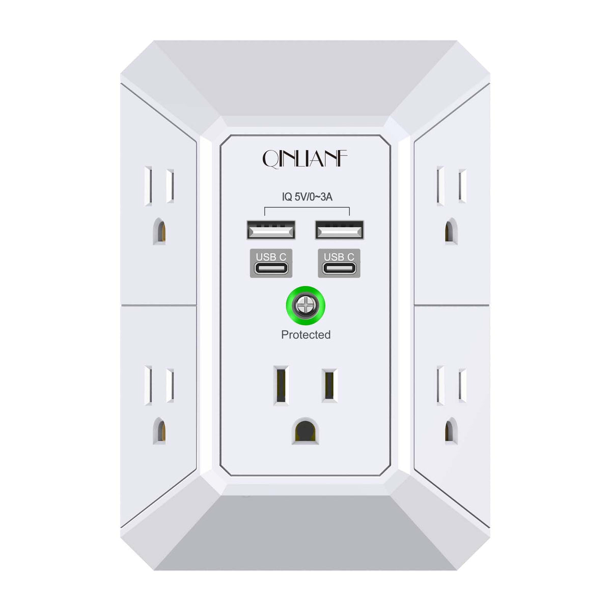 QINLIANF USB wall charger with five outlets keeps cords organized and accessible.