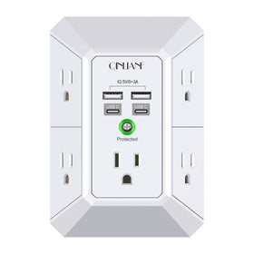 QINLIANF USB wall charger with five outlets keeps cords organized and accessible.