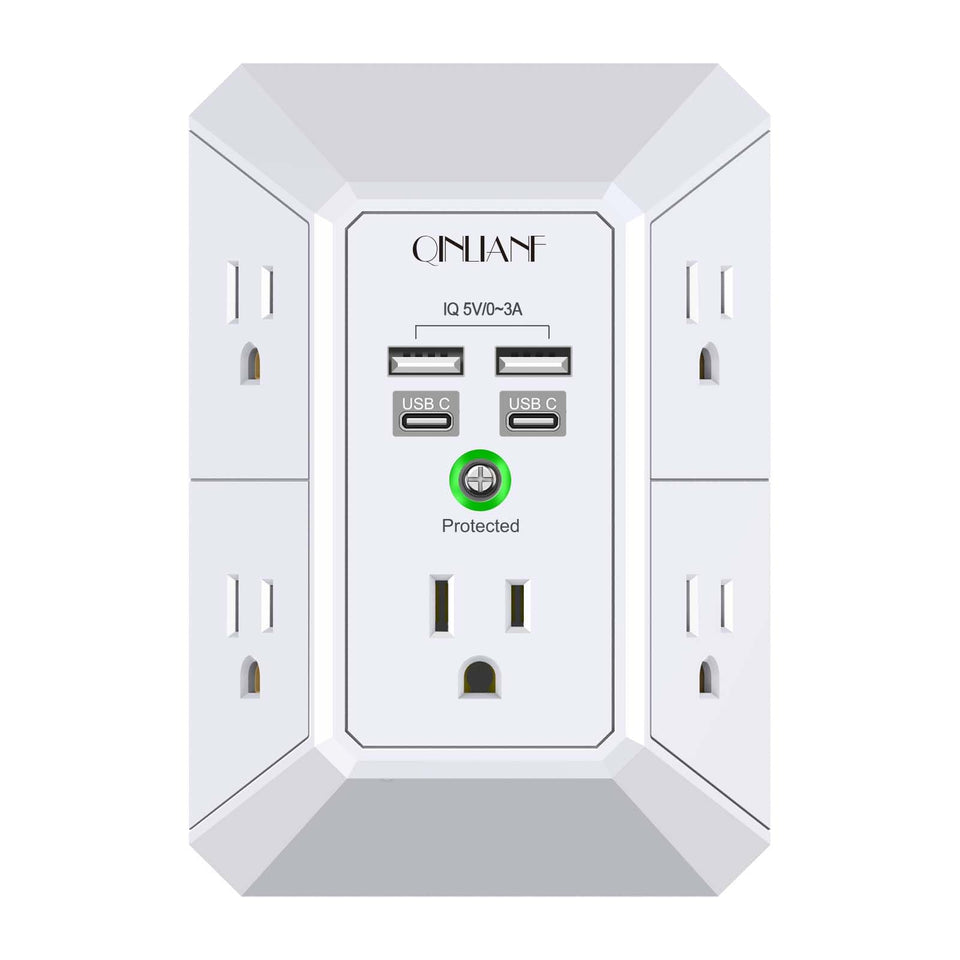 QINLIANF USB wall charger with five outlets keeps cords organized and accessible.