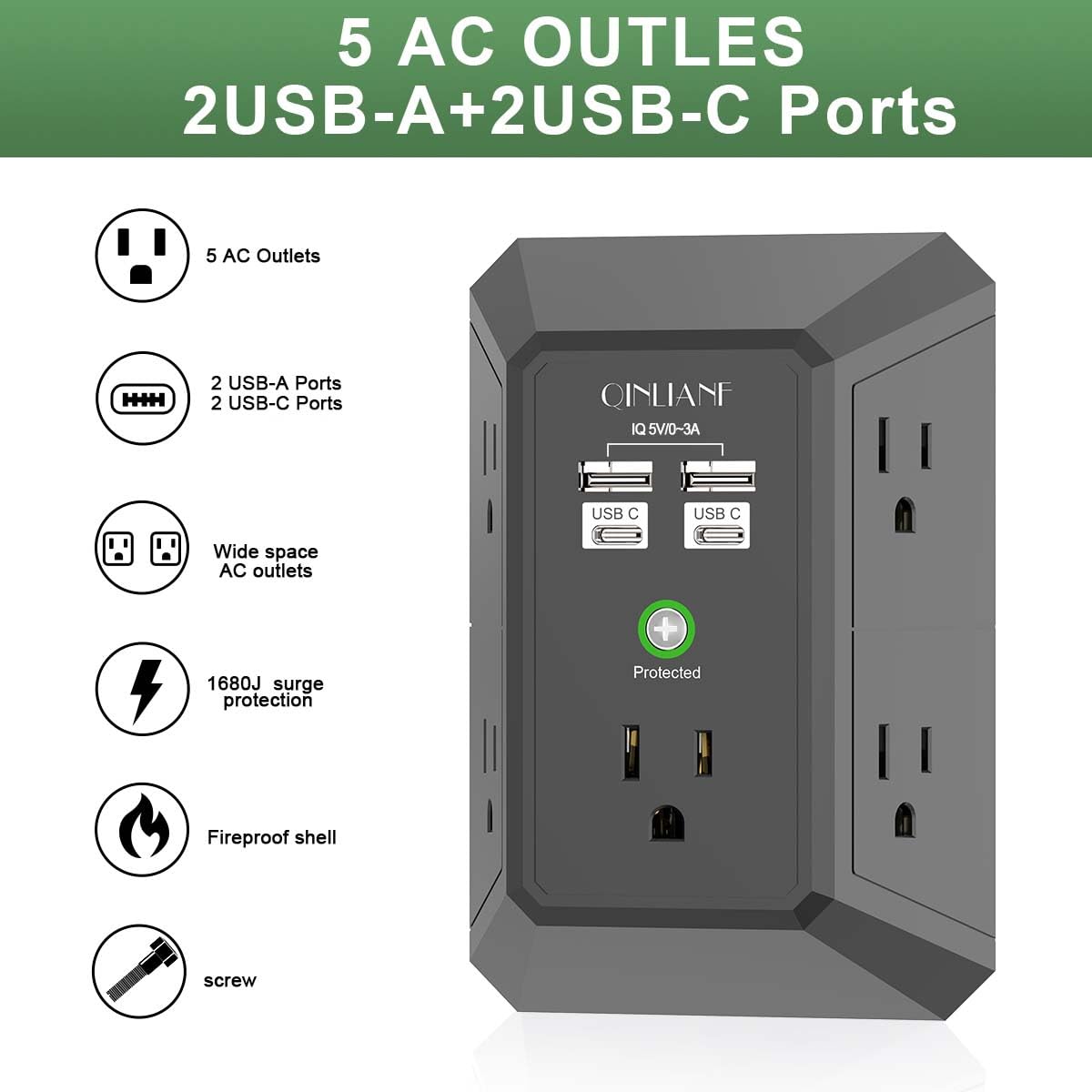 QINLIANF USB wall charger USB ports enable convenient charging at home or office