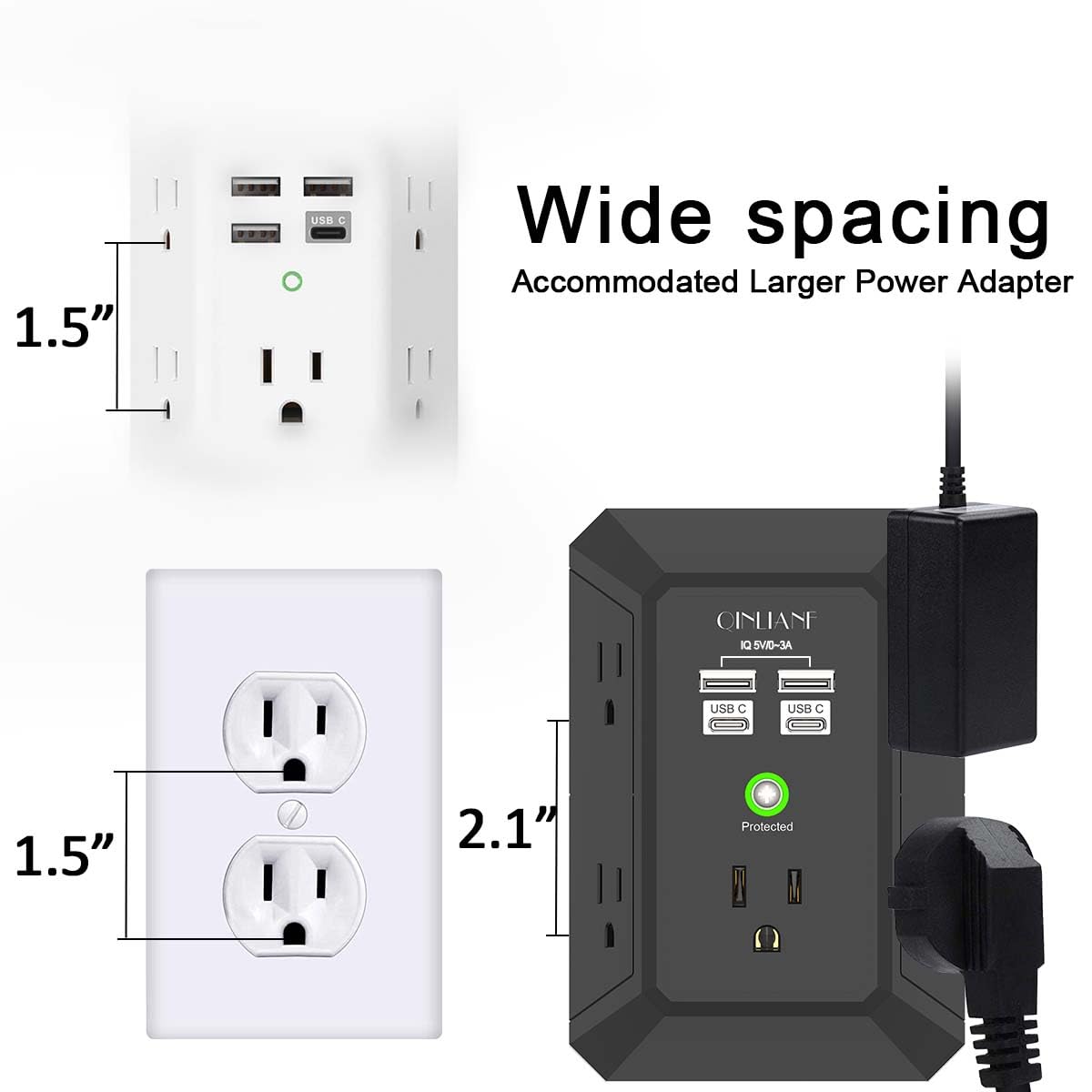 QINLIANF wide-spaced outlets prevent crowding for large adapters