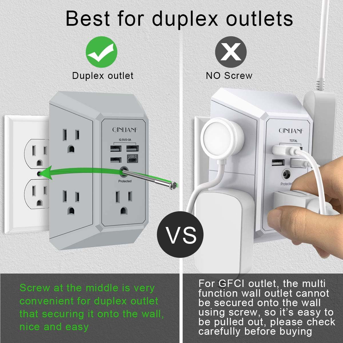 QINLIANF wide outlet spacing reduces crowding for bulky adapters