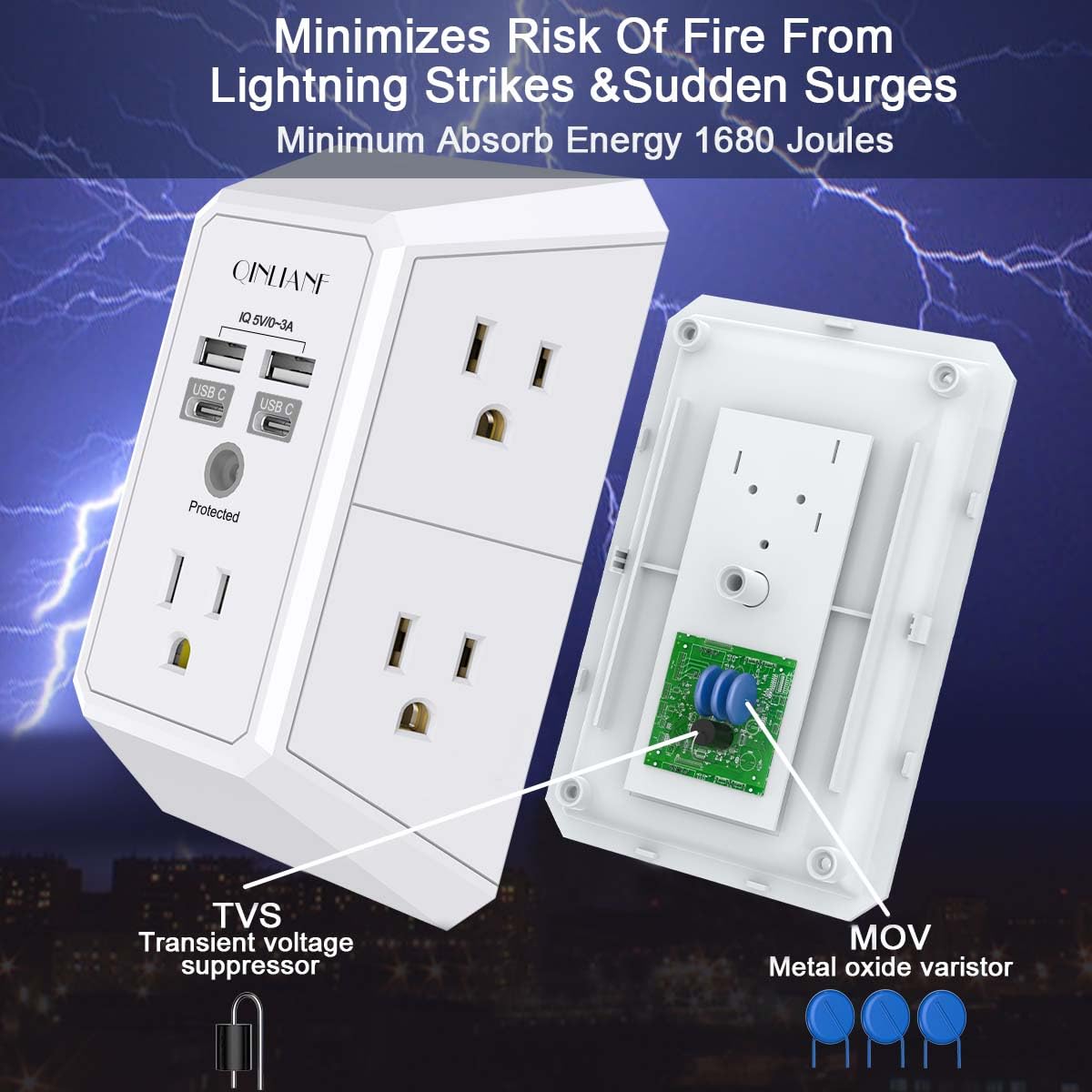 QINLIANF wide spacing between outlets fits bulky adapters and cords.