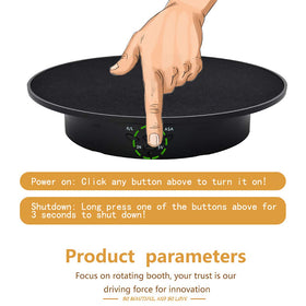 Qinmay 360-degree turntable top view highlights velvet surface for secure placement.