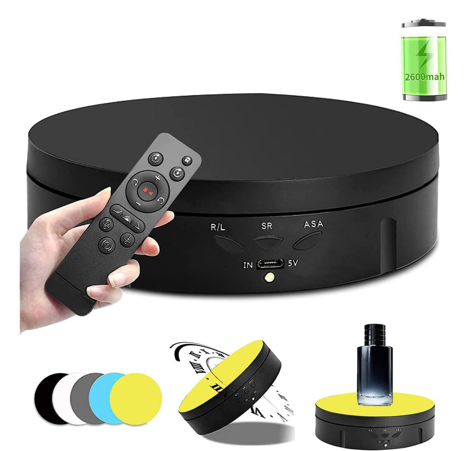 Qinmay 360-degree rotating stand ready for smooth product photography on a desk