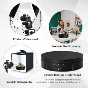 Qinmay remote control turntable shown with easy angle adjustments for shoots