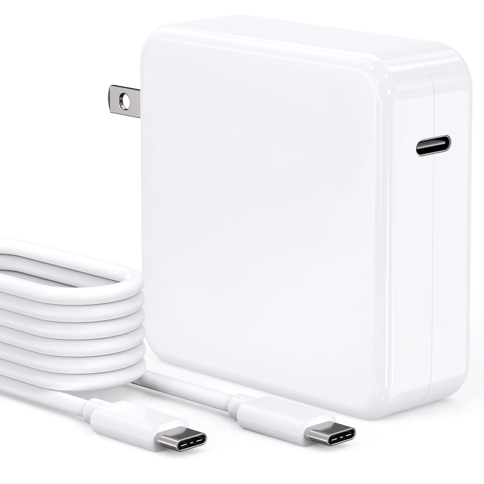 QIOUZW MacBook 87W charger front view, sleek design for reliable travel power