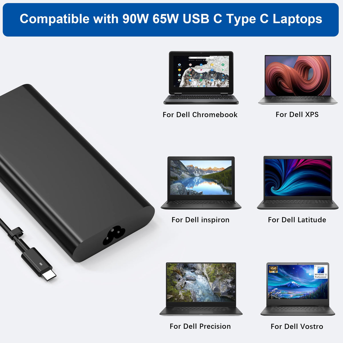 Dell notebook connected to charger highlighting safe, efficient power delivery