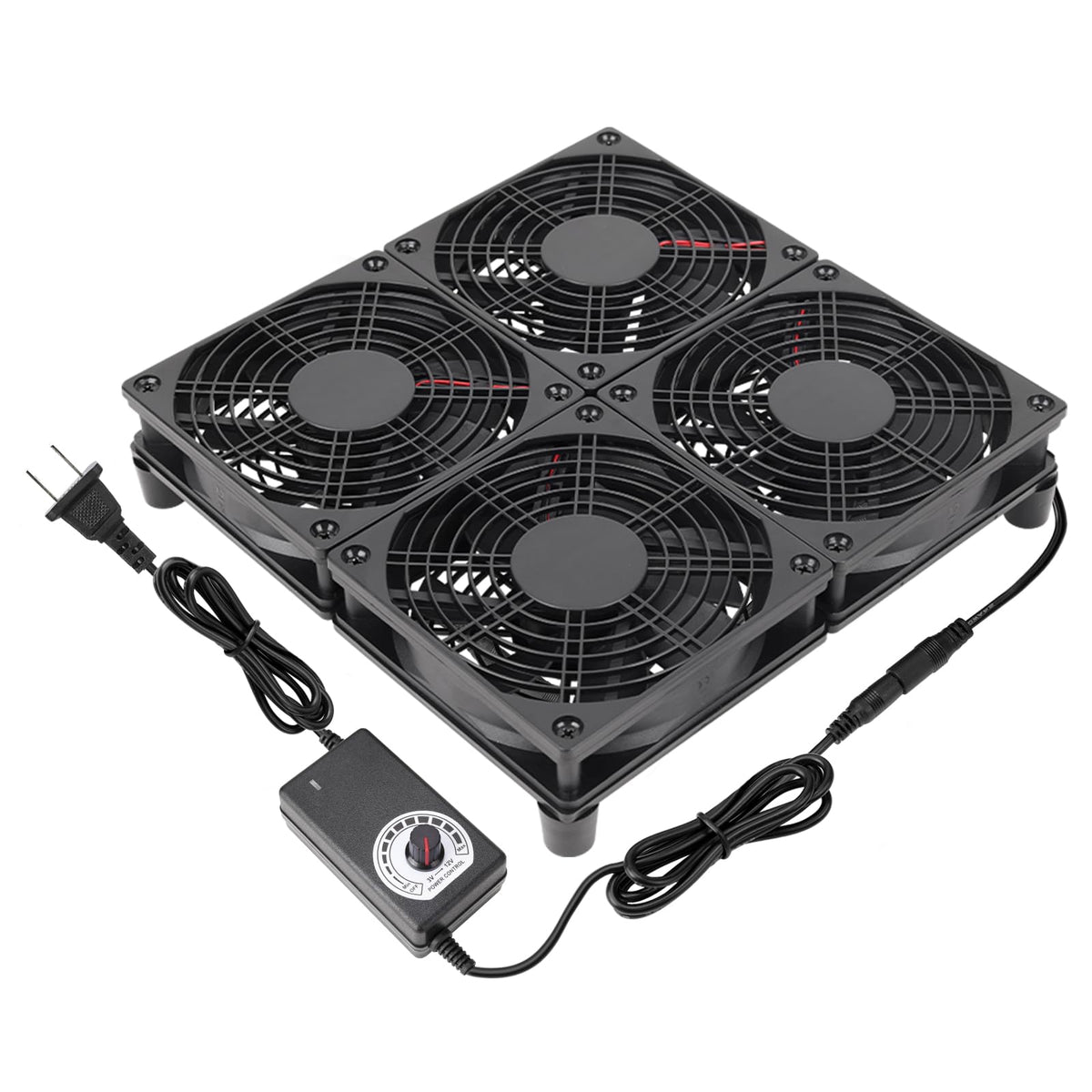Qirssyn front view of 4x120mm fan assembly showing airflow and space-saving design benefit