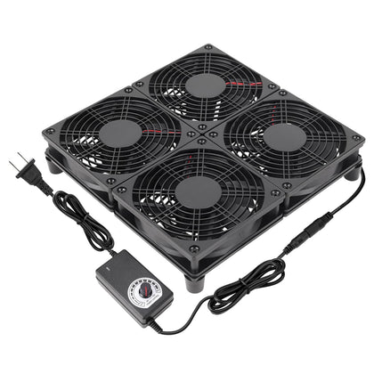 Qirssyn front view of 4x120mm fan assembly showing airflow and space-saving design benefit