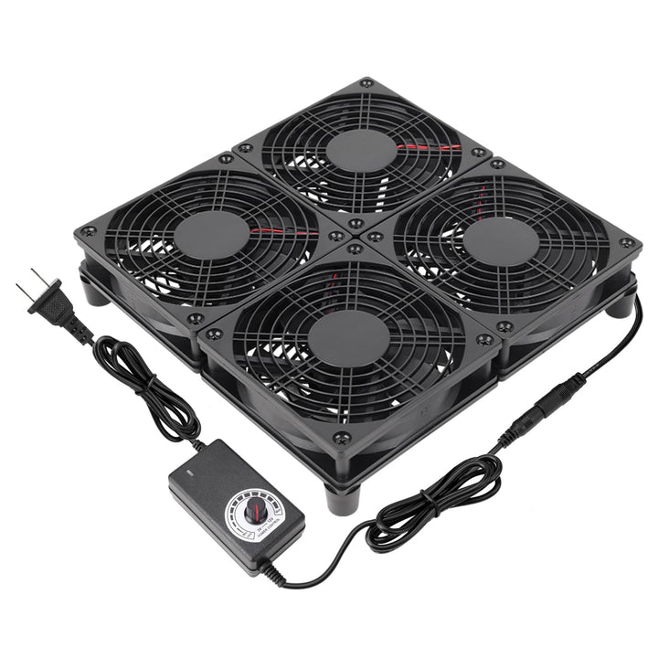 Qirssyn front view of 4x120mm fan assembly showing airflow and space-saving design benefit