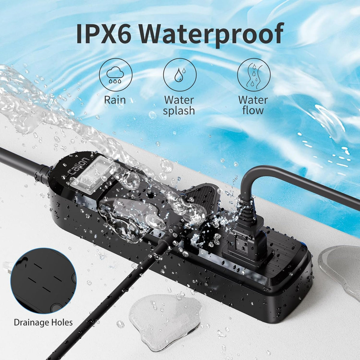 Qiyuan closeup of sealed outlets demonstrating IPX6 waterproofing and secure plug fit for safety