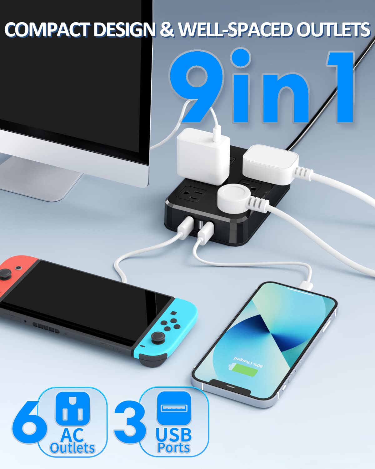 Qiyuan close-up of sockets and USB ports highlighting wide spacing benefit