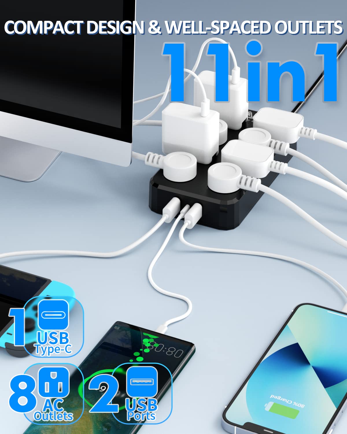Qiyuan flat plug and 10ft cord close-up, demonstrates low-profile reach and flexibility