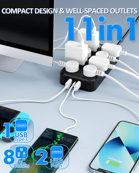 Qiyuan flat plug and 10ft cord close-up, demonstrates low-profile reach and flexibility