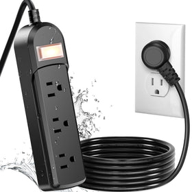 Qiyuan front view of weatherproof power strip showing three wide outlets and sealed cover for outdoor protection