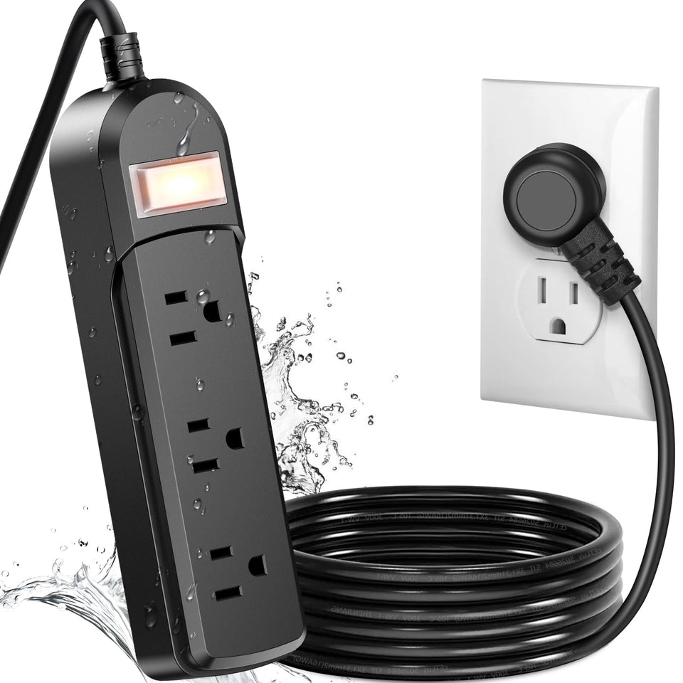 Qiyuan front view of weatherproof power strip showing three wide outlets and sealed cover for outdoor protection