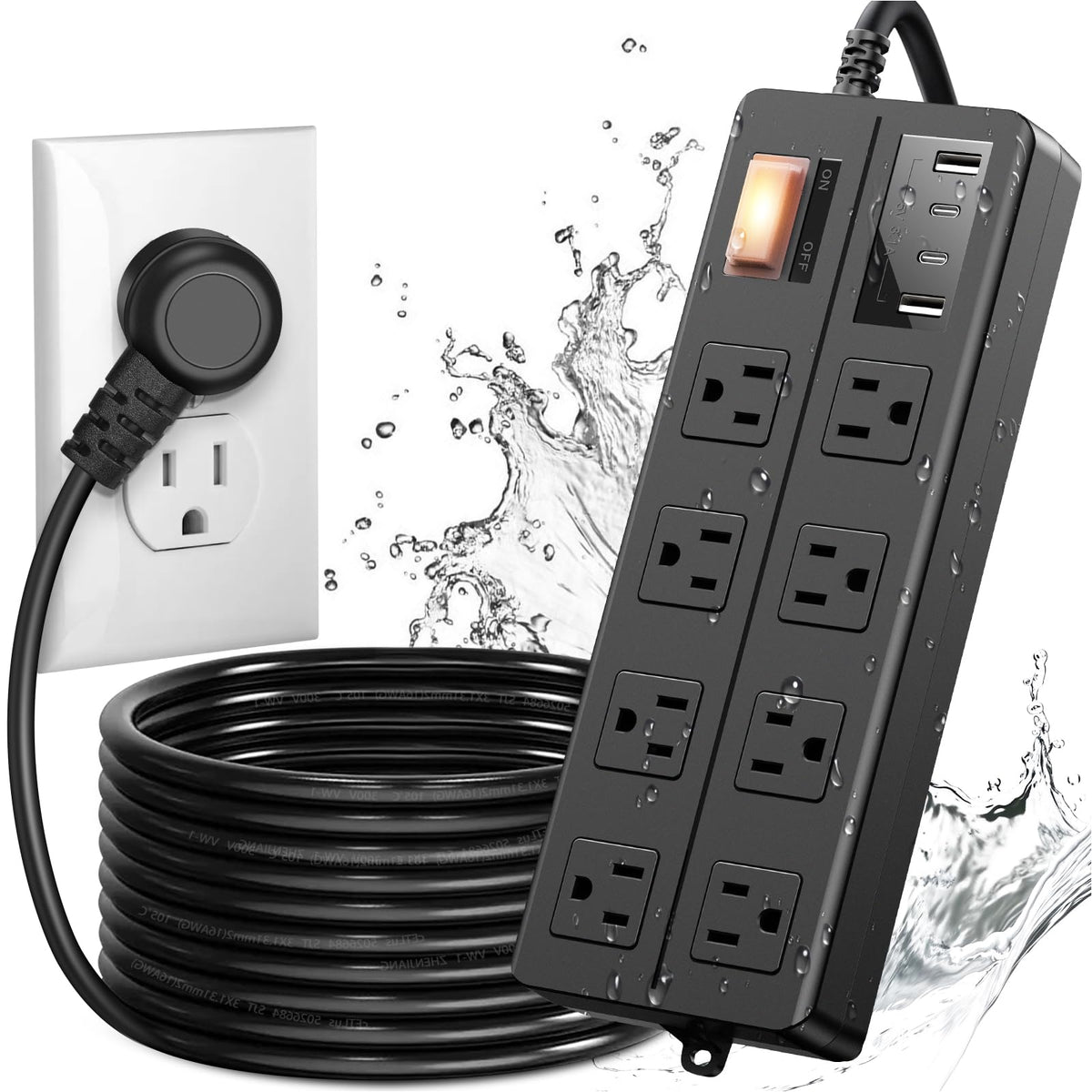 Qiyuan front view of outdoor power strip showing all outlets and ports for reliable outdoor use