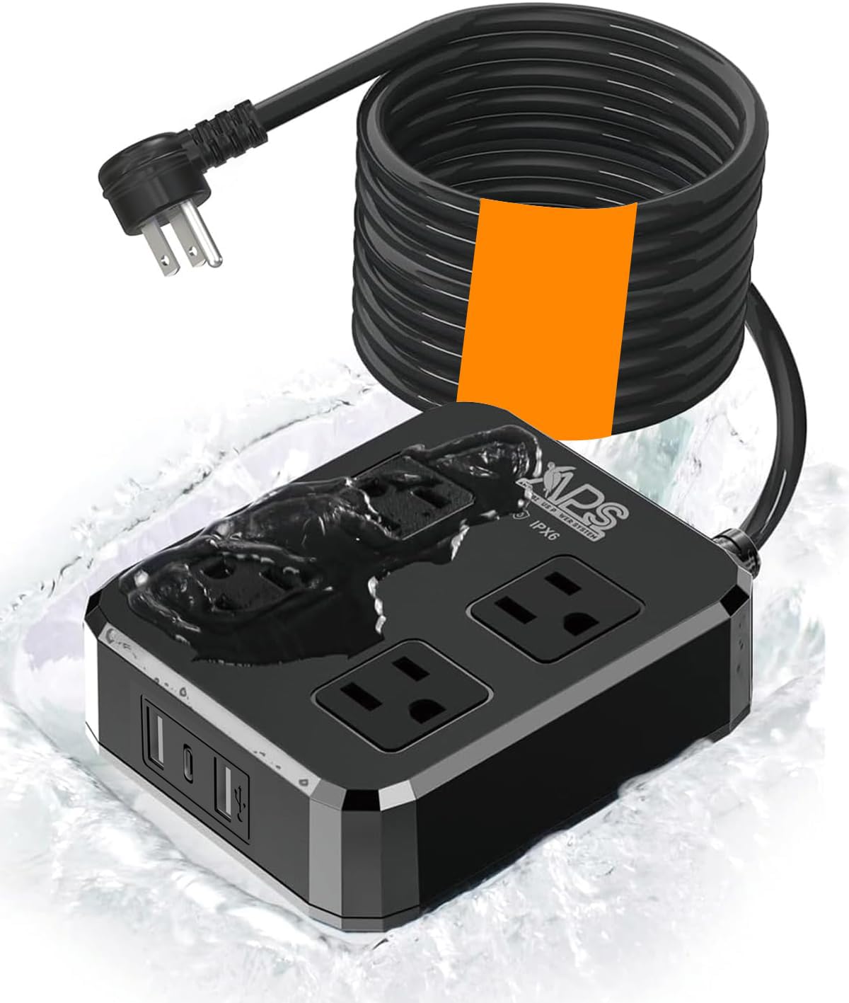 Qiyuan front view of outdoor power strip showing outlets and cord, durable outdoor power