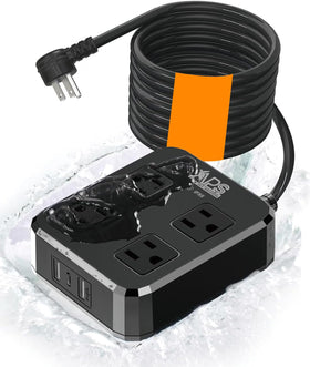 Qiyuan front view of outdoor power strip showing outlets and cord, durable outdoor power