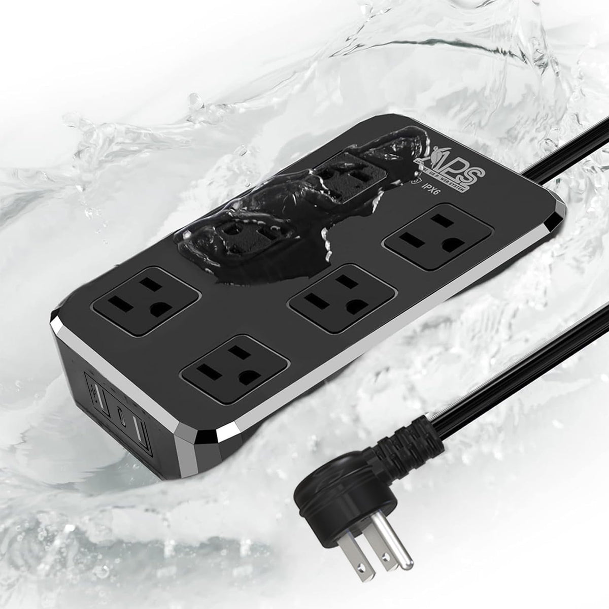 Qiyuan front view of power strip showing six outlets and USB ports for versatile charging
