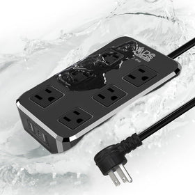 Qiyuan front view of power strip showing six outlets and USB ports for versatile charging