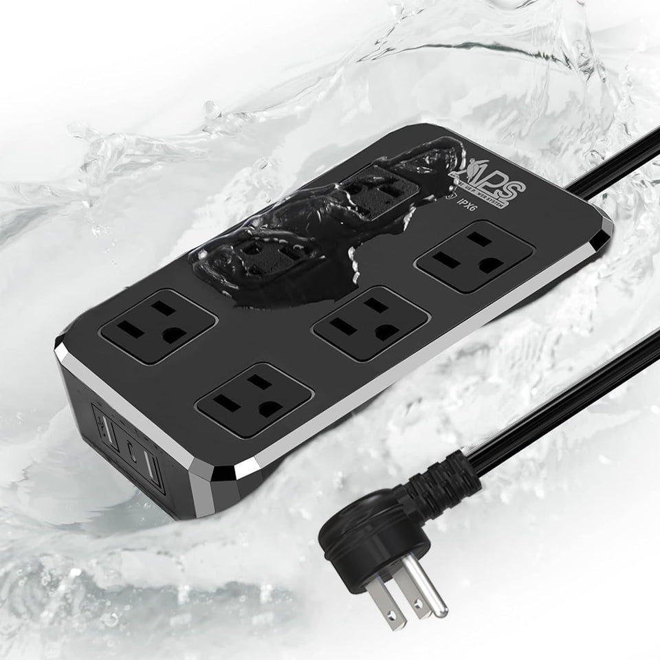 Qiyuan front view of power strip showing six outlets and USB ports for versatile charging