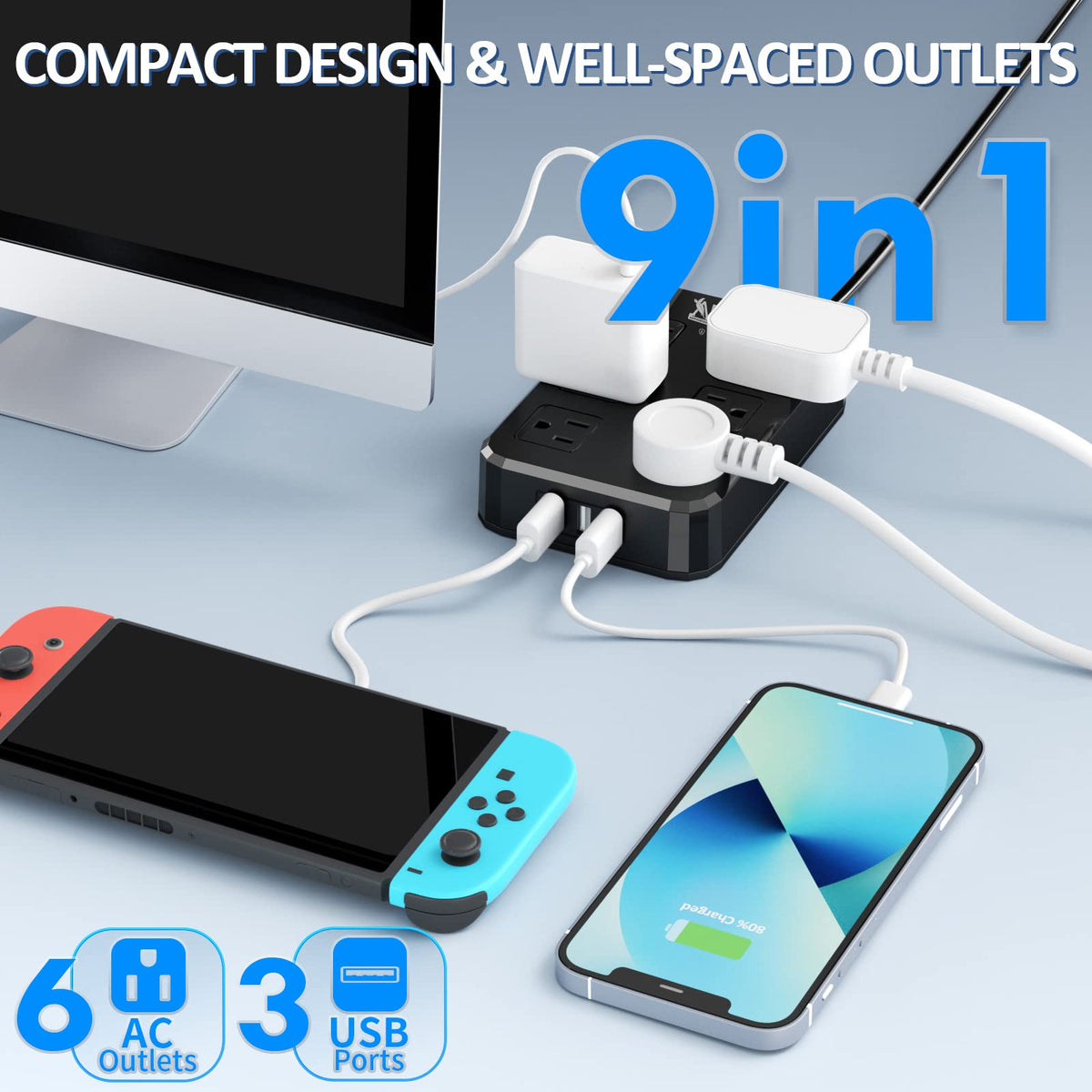 Qiyuan close-up of wide outlet spacing accommodating large adapters without blocking
