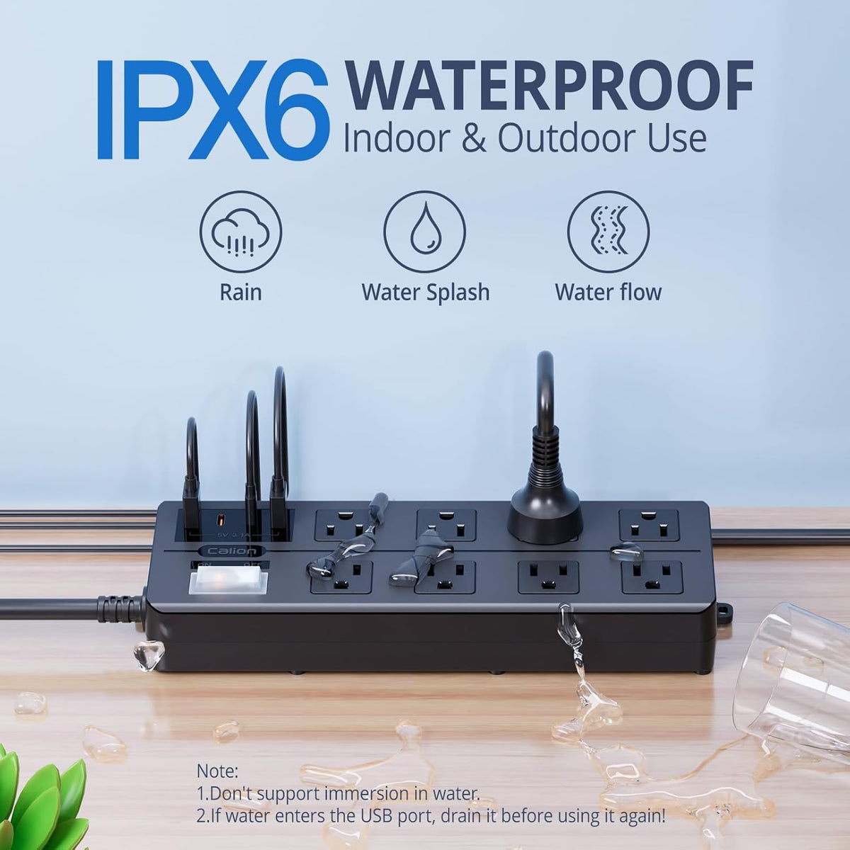 Qiyuan side view displaying the 6ft SJTW cord for flexible outdoor reach and placement