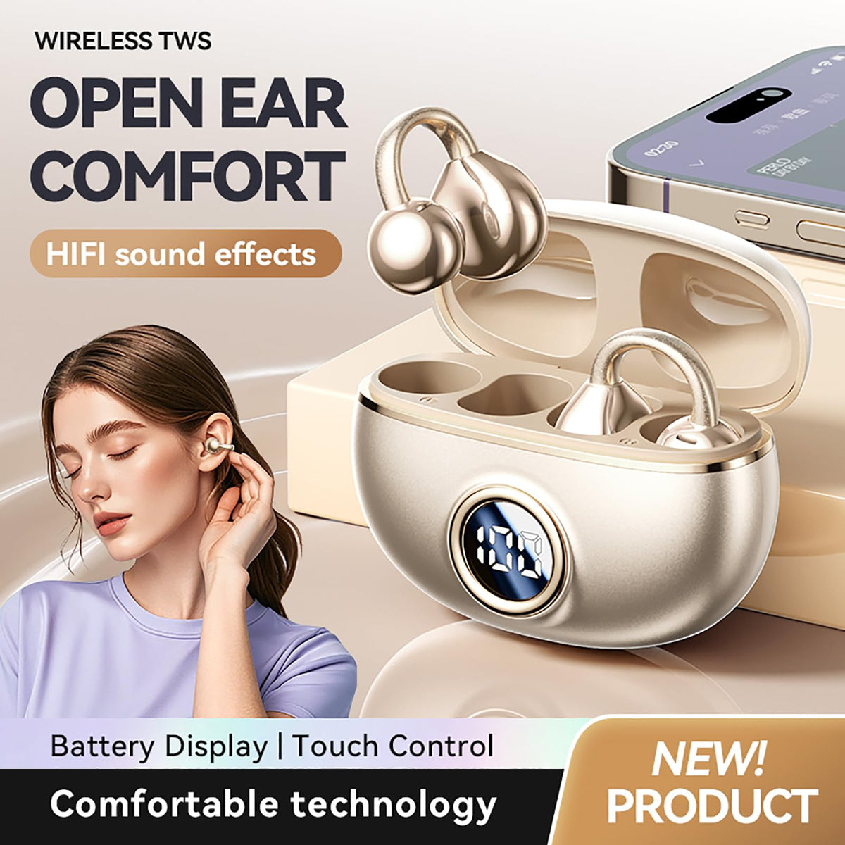 QJF earbuds displaying remaining power on digital screen for easy checks