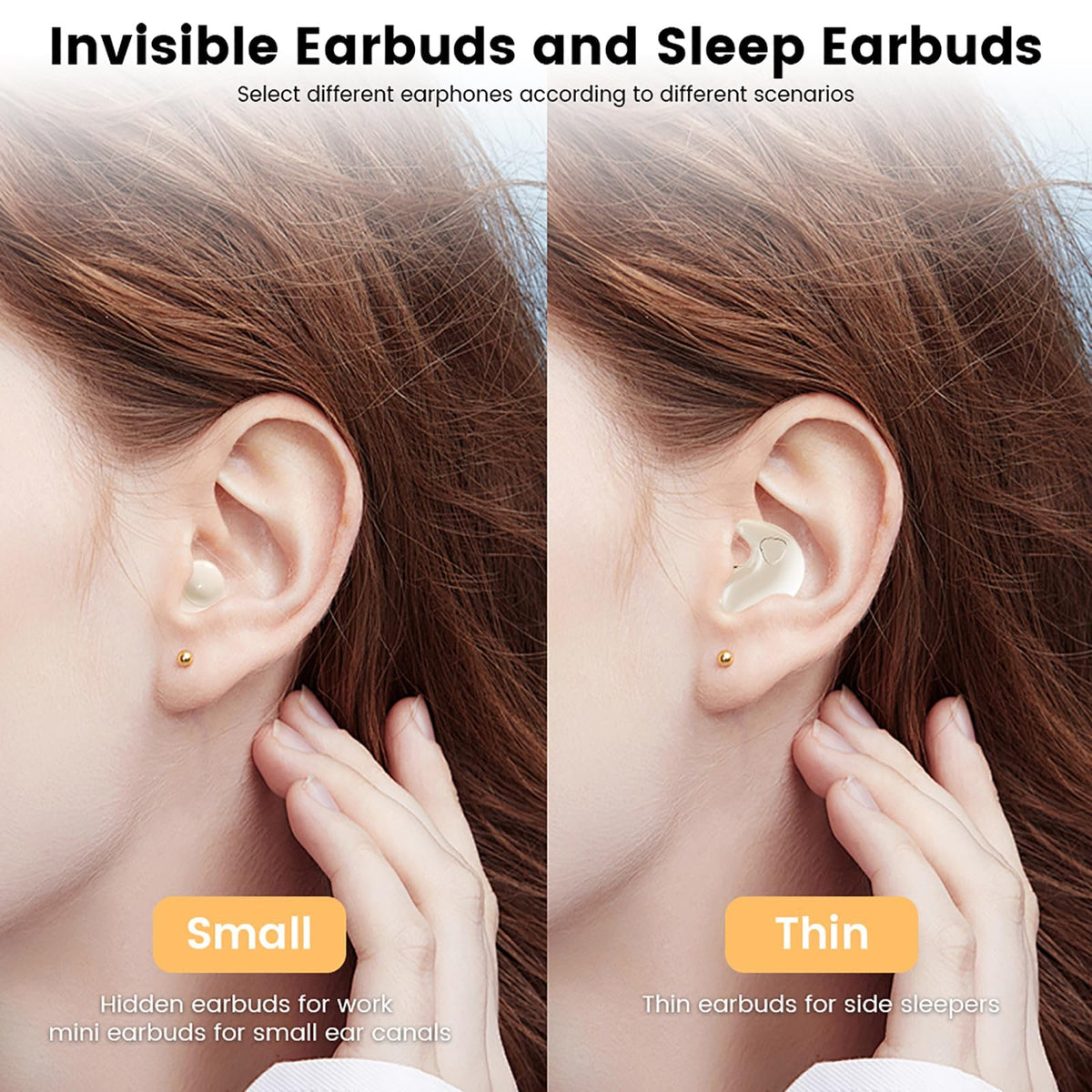QJF earbuds worn for sleep with low-profile design.