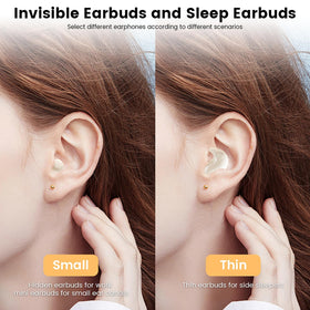QJF earbuds worn for sleep with low-profile design.