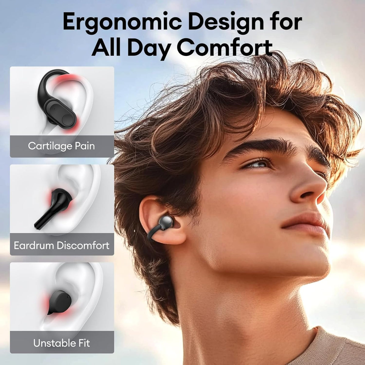 QJF ultra-lightweight clip-on buds weigh 4.3 g for comfort.