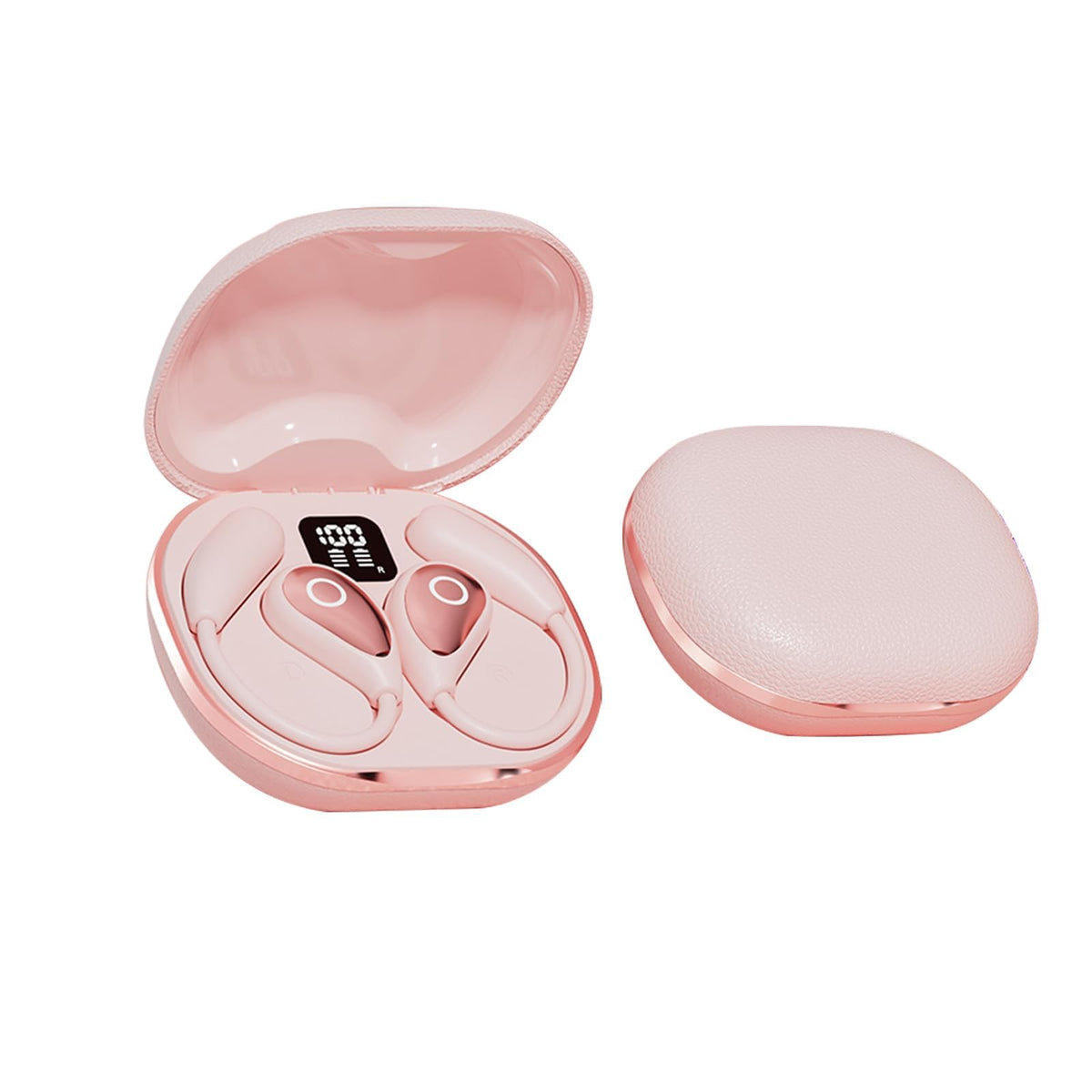 QJF pink open-ear earbuds close-up highlighting comfortable design.