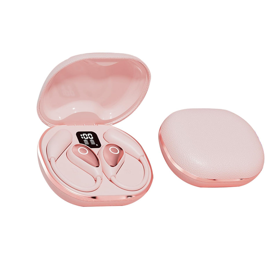 QJF pink open-ear earbuds close-up highlighting comfortable design.