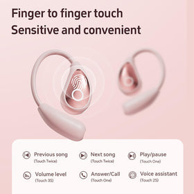 QJF pink open-ear earbuds resting on small ears for all-day wear.