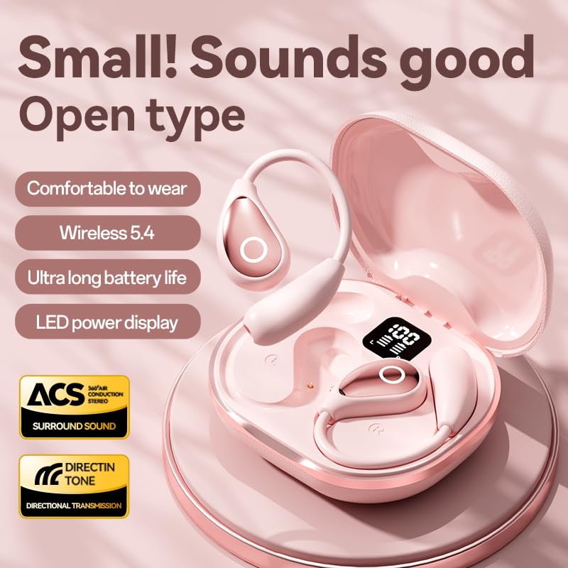 QJF pink open-ear earbuds worn during run for awareness and comfort.