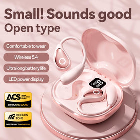 QJF pink open-ear earbuds worn during run for awareness and comfort.