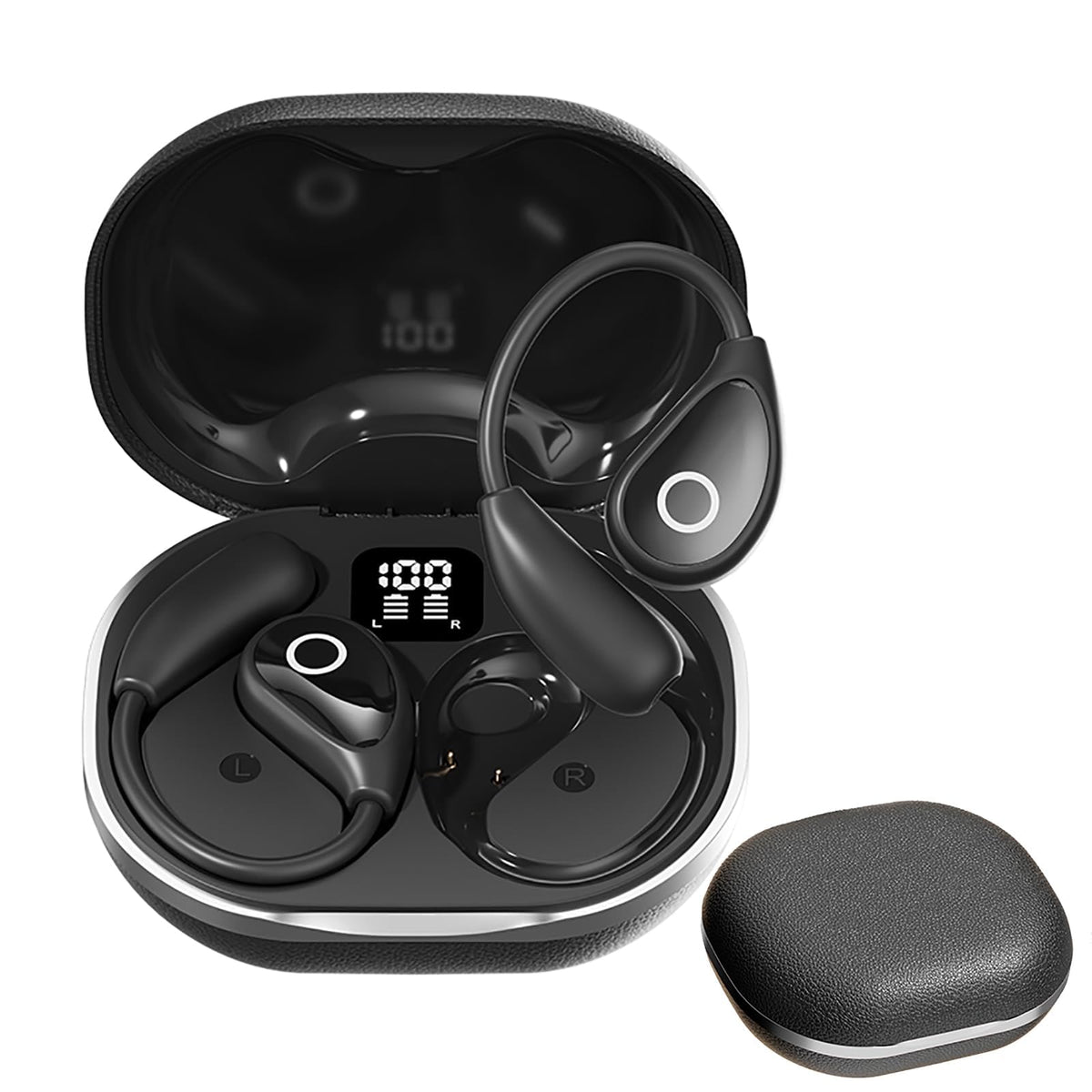 QJF open-ear headphones with LED display charging case for quick status at a glance.