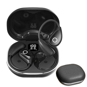 QJF open-ear headphones with LED display charging case for quick status at a glance.