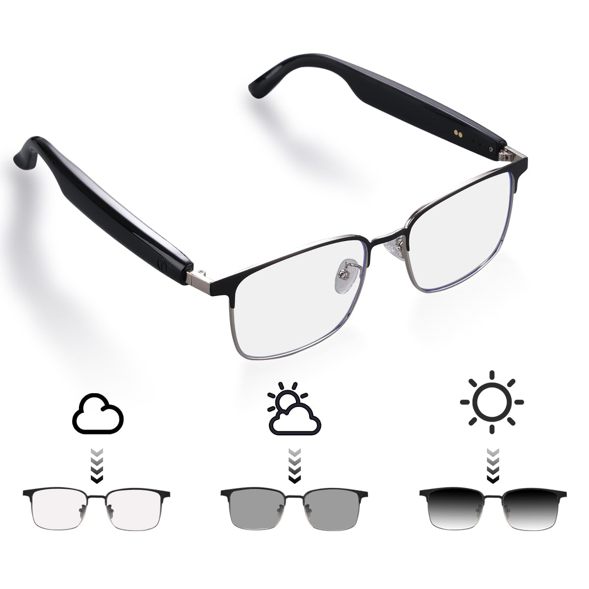 QJF Smart Glasses photochromic lenses adapt from indoor clarity to outdoor tint for versatility