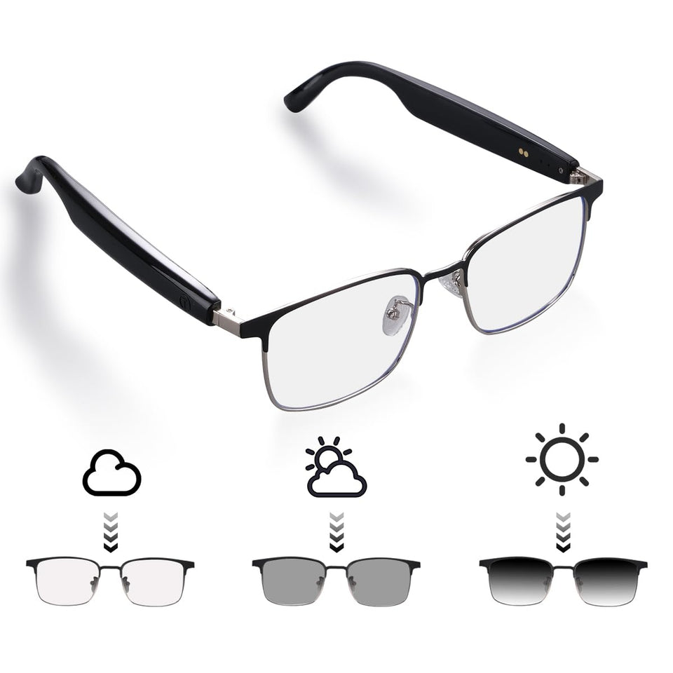 QJF Smart Glasses photochromic lenses adapt from indoor clarity to outdoor tint for versatility