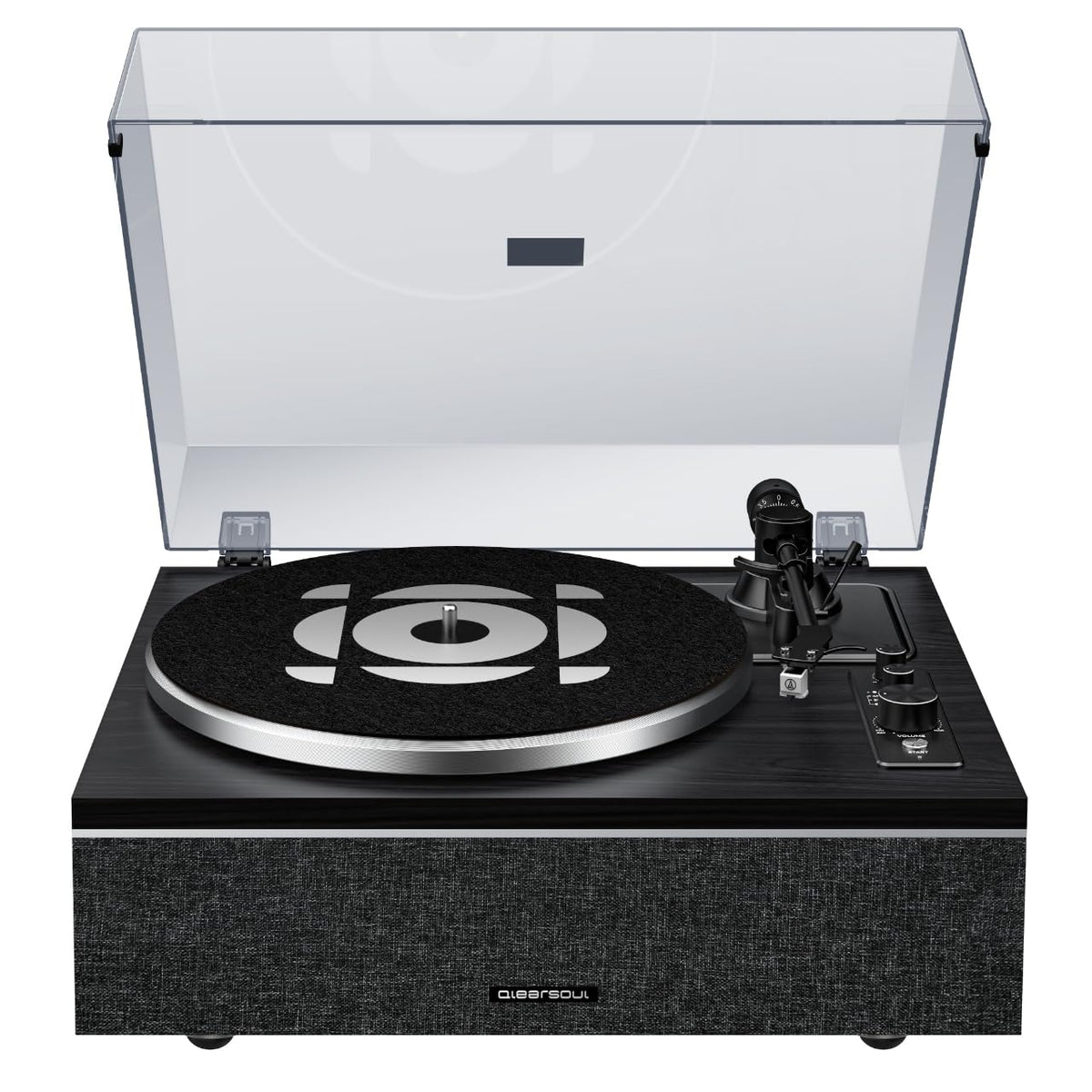 Qlearsoul ONE-S front view vinyl record player shows vintage styling with built-in speakers.
