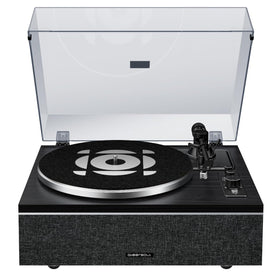 Qlearsoul ONE-S front view vinyl record player shows vintage styling with built-in speakers.