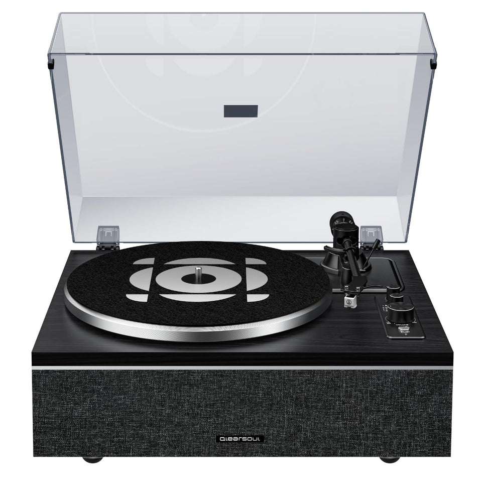 Qlearsoul ONE-S front view vinyl record player shows vintage styling with built-in speakers.