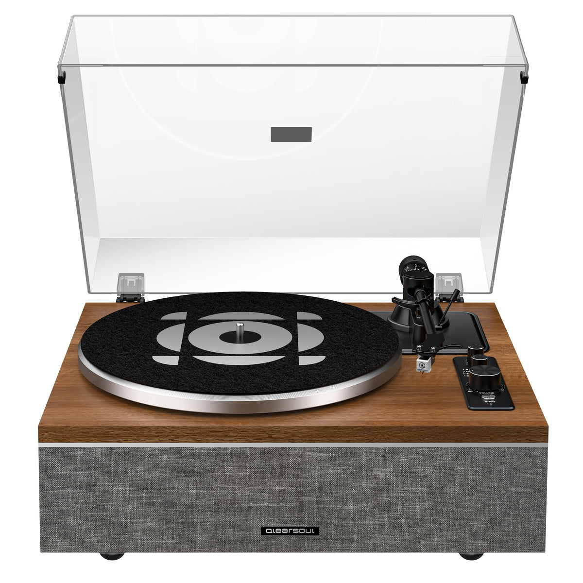 Qlearsoul One-S walnut finish enhances living room ambiance for cozy vinyl sessions.