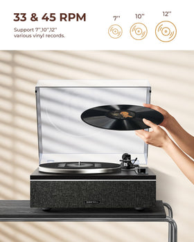 Qlearsoul ONE-S wood-grain desk setup highlights retro charm with modern listening.