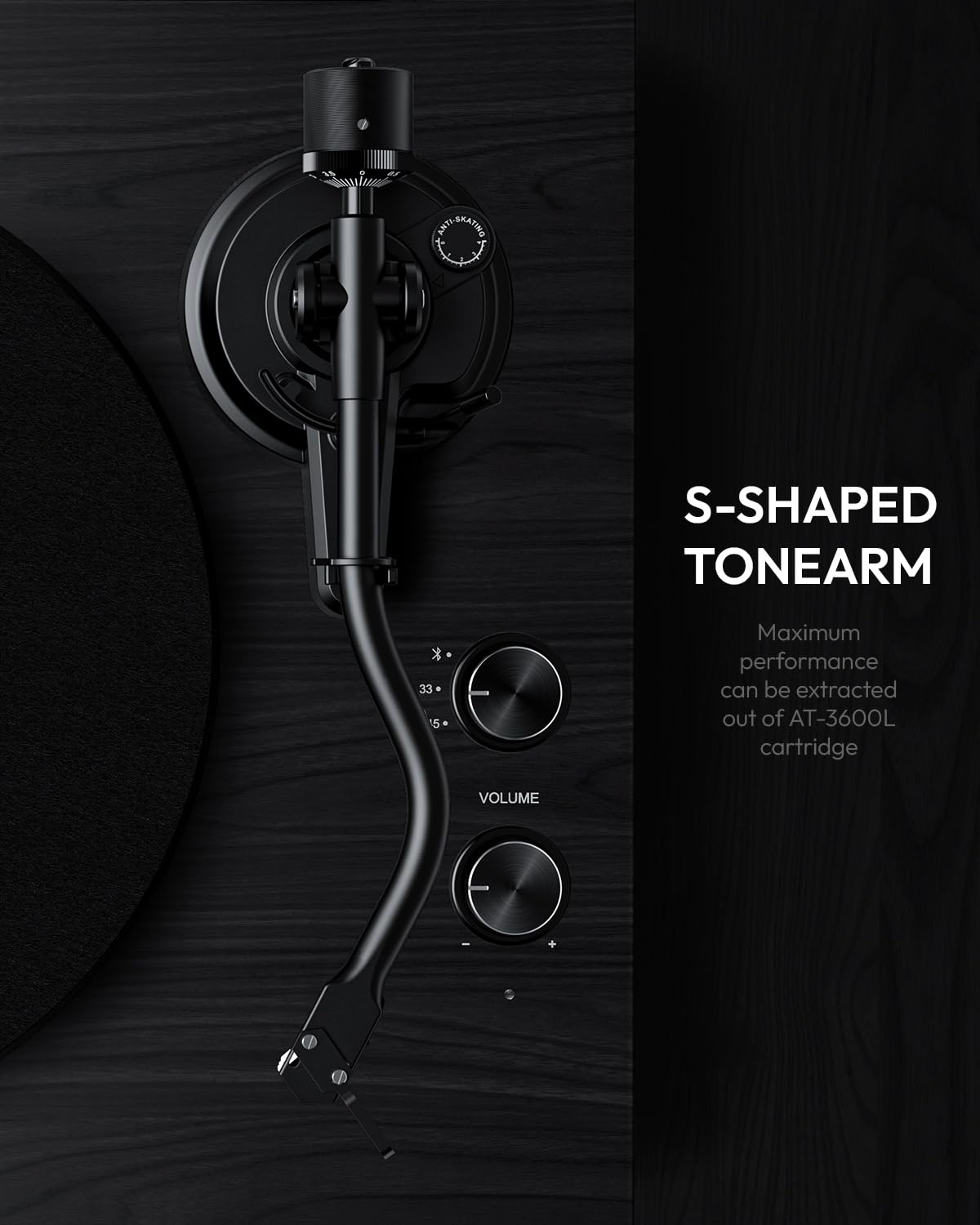 Qlearsoul SoulBox S1 S-shaped tonearm ensuring precise tracking.